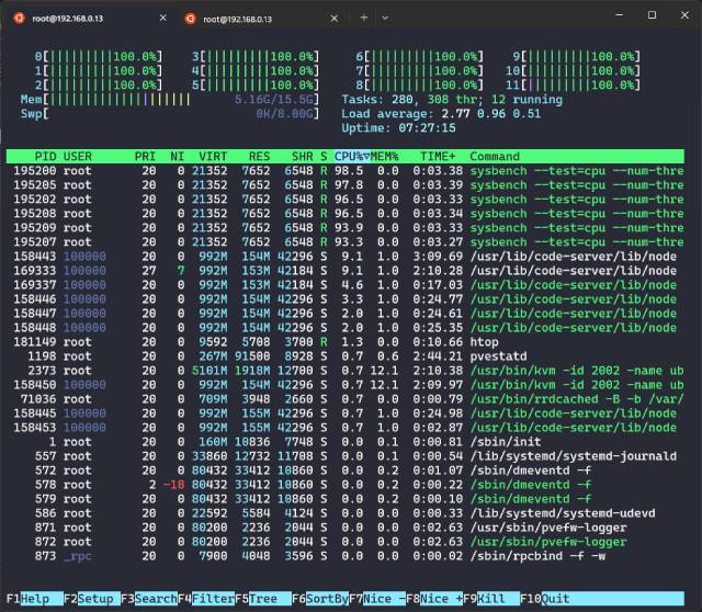 Screenshot of running htop running in our server