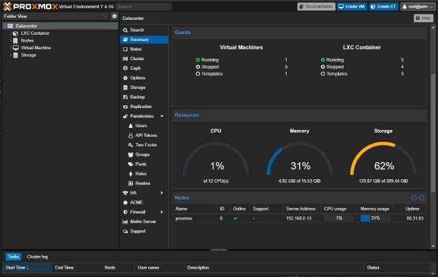 Screenshot of our Proxmox web UI